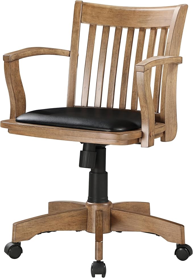 OSP Home Furnishings Deluxe Wood Banker's Desk Chair with Padded Seat, Adjustable Height and Locking Tilt, Fruitwood Finish and Black Vinyl