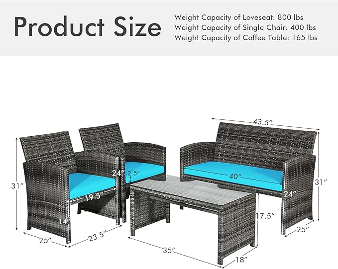 Goplus 4-Piece Rattan Patio Furniture Set, Outdoor Wicker Conversation Sofa with Weather Resistant Cushions and Tempered Glass Tabletop for Lawn Backyard Pool Garden (Turquoise)