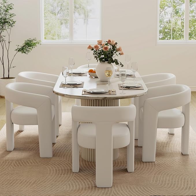 Set of 6 Modern PU Leather Upholstered Dining Chairs with Open-Back, Cute Barrel Side Chairs Kitchen Armchair Accent Chairs for Dining Room Bedroom, White
