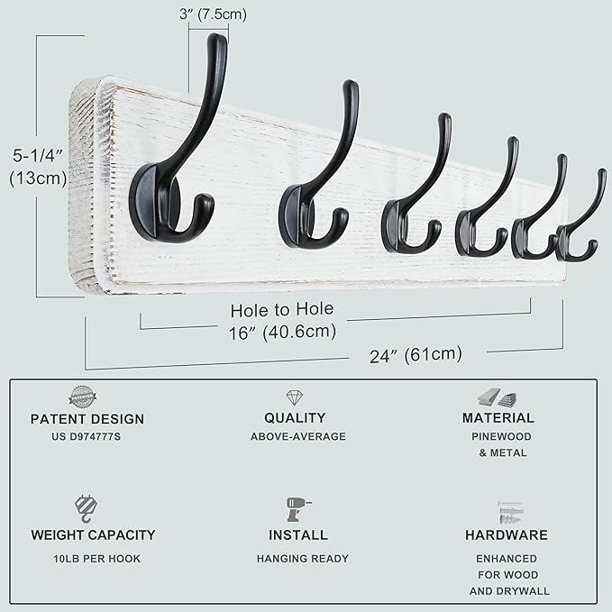 Dseap Coat Rack Wall: 24" Long, Patented, Heavy-Duty, 6-Double-Hooks Wooden Wall Mounted Coat Rack Coat Hanger Hook Rail for Winter Coats Hat Jacket Clothing, White & Black