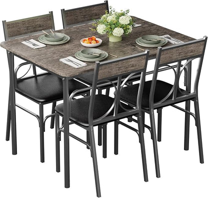 VECELO 5-Piece Dining Table Set for Home Kitchen Small Space Breakfast Nook, 4 Faux Leather Metal Frame Chairs, Brown,Set for 4