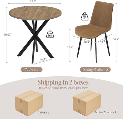 31.5" Round Dining Table and Chairs Set for 2, Small Dining Table Chairs Set Space-Saving, Round Table Set with Upholstered Chairs for Kitchen Dining Room Apartment(Natural + Brown)