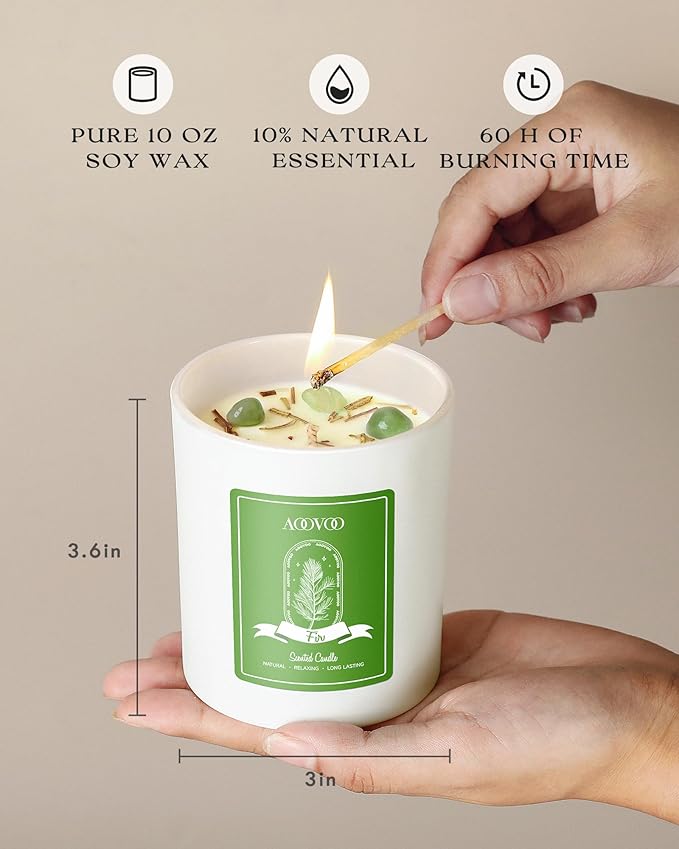 AOOVOO Fir Scented Candles for Women - Aromatherapy Candle with Crystals Inside, 10oz Soy Candles for Home Scented, Birthday Gifts Christmas Candle for Women Mom