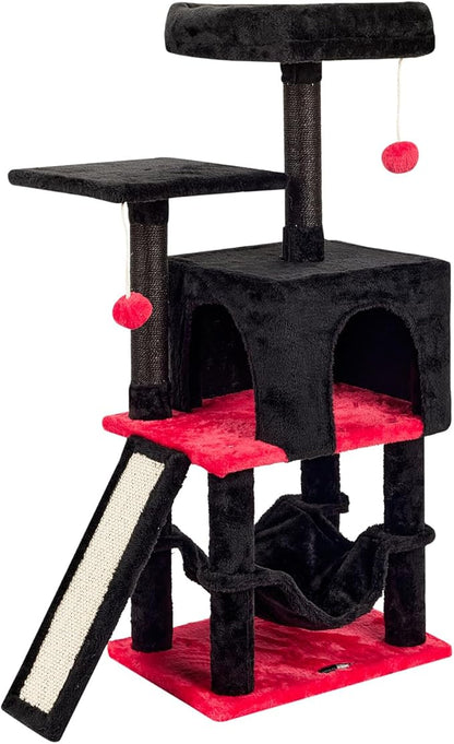 MIAO PAW Gothic Cut Cat Tree with Coffin Bed for Indoor Cats Cat Tower with Scratching Post Modern Activity House for Large Cats Condo with Board Kittens Cave Hammock Hanging Ball RED Black