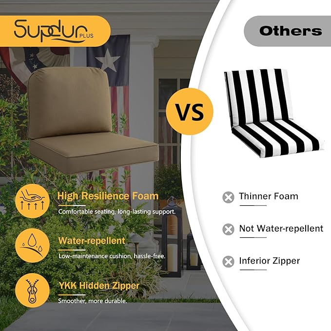 Outdoor Sunbrella Cushions for Patio Furniture Set of 2, 24"x24" Water Repellent Chair Cushions Removable Seat Bottom & Back Cushion Covers for Chair, Sofa, Couch, Specrtum Caribou