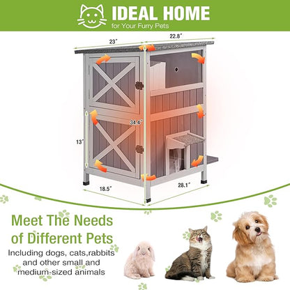 GUTINNEEN 2-Story Insulated Cat House Outdoor Large Weatherproof Outside Feral Cat Shelter Wooden Elevated Kitty Condo with Openable Roof, 2 Large Side Doors (Winter-Ready, 28" L x 22.8" D x 34.4" H)