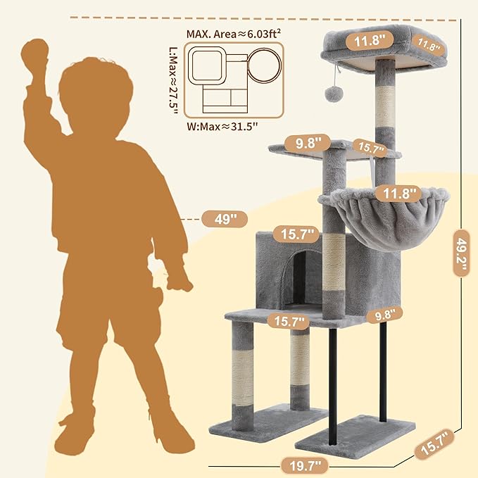 Heybly Cat Tree, 49.2 Inches Cat Tower for Indoor Cats, Spacious Cat House Condo with Hidden Space，Sturdy Steel Tube，Soft Plush Top Perch，Cozy Hammock and Sisal Scratching Posts, Light Gray HCT200SW