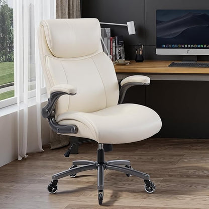 Ergonomic High-Back Executive Office Chairs, Heavy Duty Home Computer Chair with Lumbar Support, Flip-Up Arms, and PU Leather Upholstery, Beige