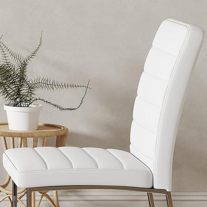 Modern Dining Chairs Set of 4, White Faux Leather Kitchen Chairs, Upholstered Armless Dining Room Chair with Gold Mental Legs Heavy Duty, Comfortable (White Chairs, Set of 6)