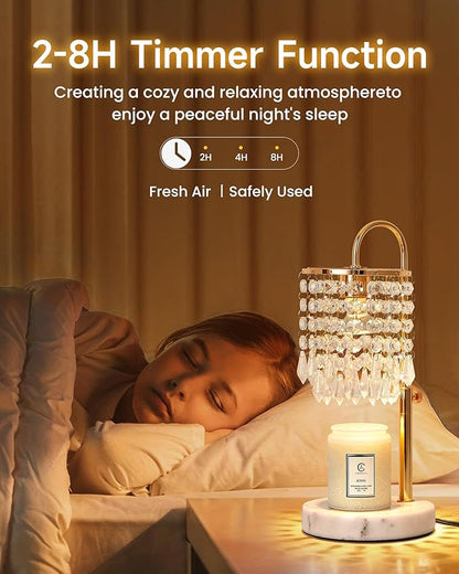 Candle Warmer Lamp with Timer Dimmer and 3 Bulbs, Candle Lamp Warmer with Marble Base for Adjustable Height, Crystal Candle Lamp for Jar Candles, House Warming Gifts Home Room Decor, French Gold