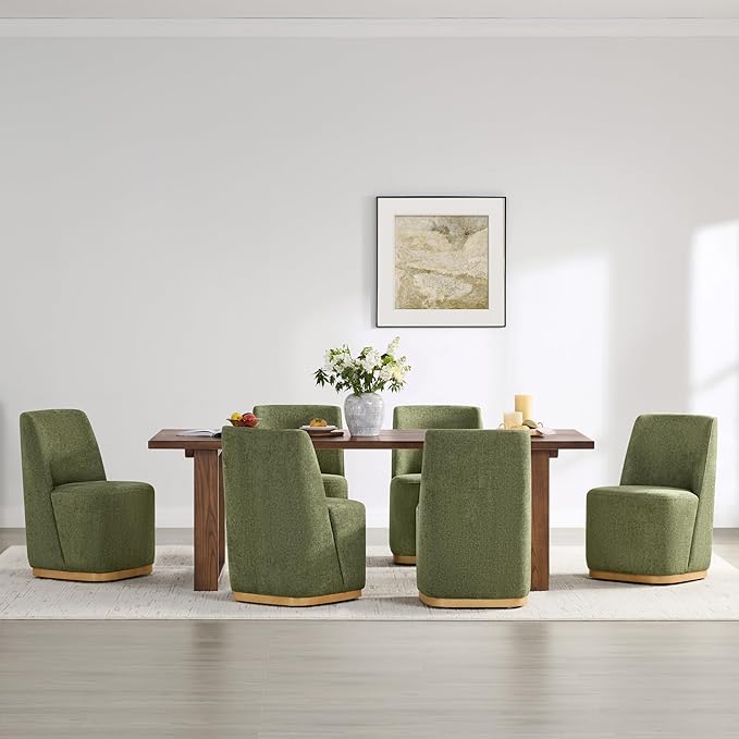 CHITA Upholstered Rolling Dining Chair on Casters Set of 2, FSC Certified Modern Fabric Dining Chair with Casters, Boucle Dining Chairs for Reading Room Kitchen Dining Room, Moss Green