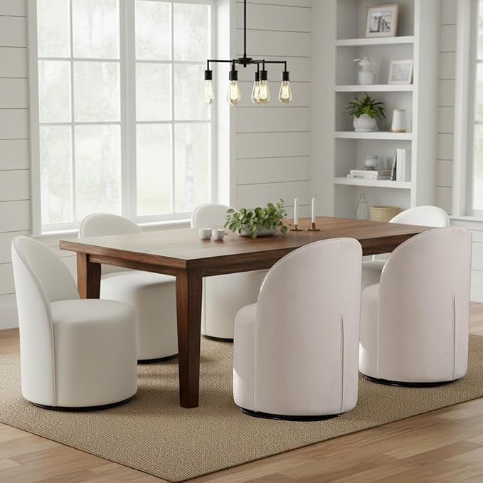 Modern Barrel Dining Chairs Set of 6, Swivel Base White Accent Chair 360°Rotating Vanity Chair Mid-Century Dining Side Chair Kitchen Chair for Living Room, Bedroom, Home, Office, Kitchen