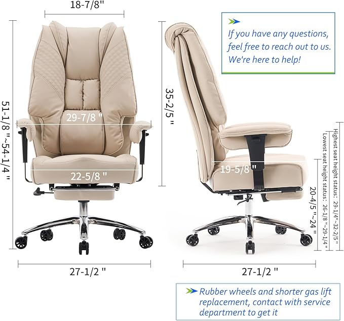 Big and Tall Office Chair 400lbs Wide Seat, Leather High Back Executive Office Chair with Foot Rest, Ergonomic Chairs Lumbar Support for Lower Back Pain Relief (Beige)