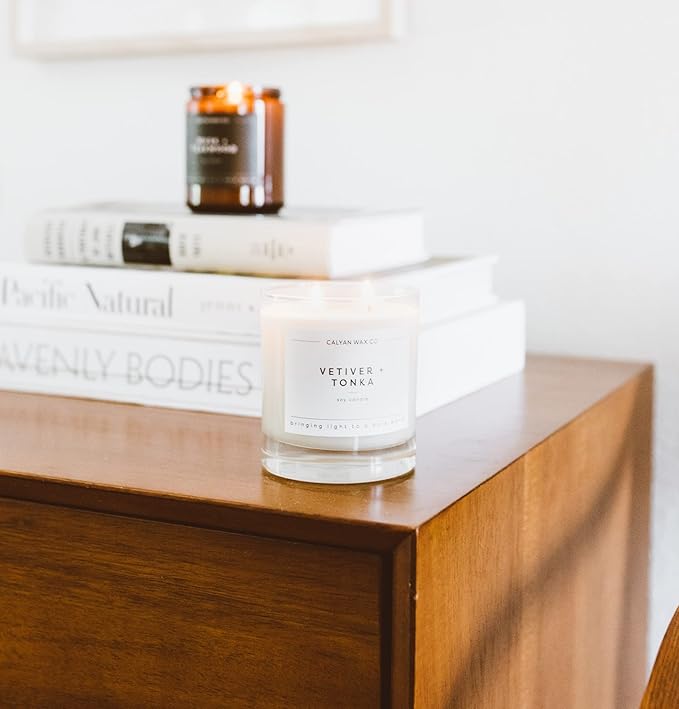 Calyan Wax Co. Vetiver & Tonka 2 Wick Scented Candle - 37 Hour Burn - Luxury Non Toxic Soy Wax Candles - Long Lasting Large Glass Jar Candle for Home - 8.8oz