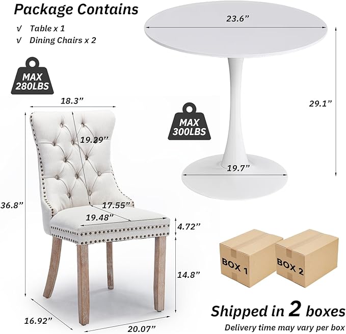 SoarFlash Kitchen Table and Chairs for 2, 24" Dining Table Set for 2 with Velvet Upholstered Chairs, 3 Piece Round Kitchen Table Set, Dining Room Table Set for Small Space, Apartment