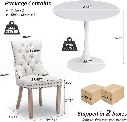 SoarFlash Kitchen Table and Chairs for 2, 24" Dining Table Set for 2 with Velvet Upholstered Chairs, 3 Piece Round Kitchen Table Set, Dining Room Table Set for Small Space, Apartment