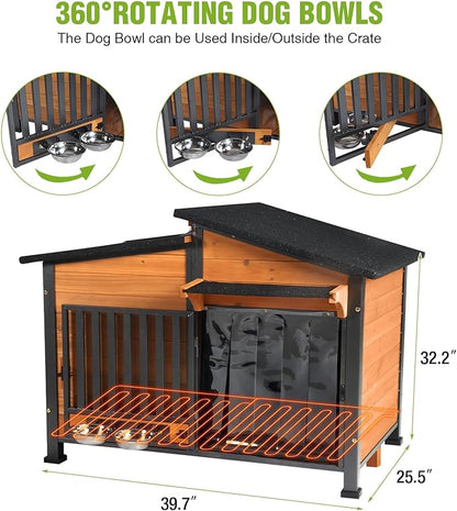 Heated Dog House Outdoor, Insulated Dog Kennel with Heating Pad for Winter, Weatherproof Dog Shelter with Anti-Chewing Metal Frame and Bowls for Small Medium Large Dogs (Brown)