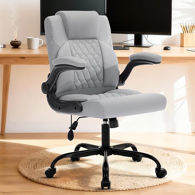 Office Chair with Adjustable Lumbar Support,Leather Ergonomic Computer Desk Chair with Flip-up Arms,Adjustable Tilt Lock,Swivel Rolling Executive PC Chair for Work, Study,Meeting,Small Space.Grey