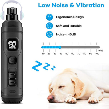 Casfuy Dog Nail Grinder with 2 LED Light - New Version 2-Speed Powerful Electric Pet Nail Trimmer Professional Quiet Painless Paws Grooming & Smoothing for Small Medium Large Dogs and Cats (Grey)