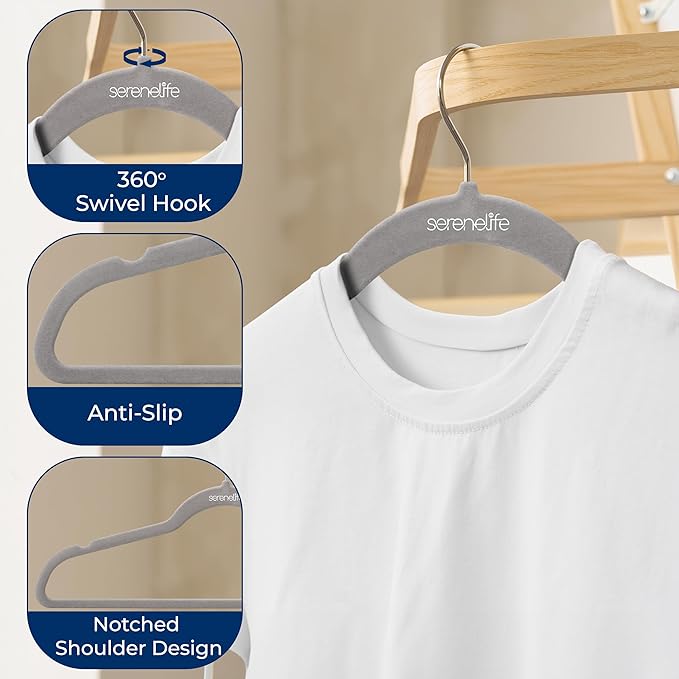 SereneLife 10-Pack Velvet Hangers – Non-Slip Clothes Hangers with Heavy Duty Design, Slim Space-Saving Coat Hangers with 360° Swivel Hook, Strong Lightweight Closet Organizer Set for Clothes (Grey)