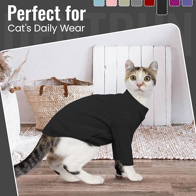 DENTRUN Sphynx Hairless Cats Shirt Pullover Kitten T-Shirts, Breathable Cat Wear Turtleneck Sweater Adorable Cat's Clothes Vest Pajamas Jumpsuit