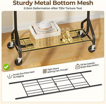 Heavy-Duty 450LBS Capacity Metal Clothes Rack，Rolling Clothing Rack with Wheels & Shelves, Portable Standing Wardrobe Rack for Hanging Clothes, Black