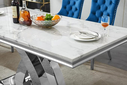 Goujxcy 7-Piece Dining Table Set Modern Faux Marble Dining Table Set for 6, Luxury 68" Long Faux Marble Kitchen Table with 6 Velvet Upholstered Chairs & Mirrored Stainless Steel Base