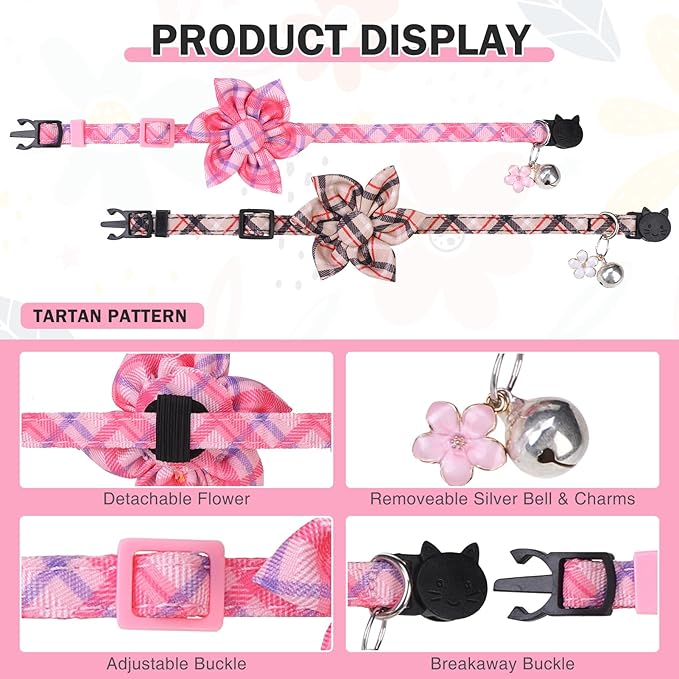 Cat Collar with Bells- Breakaway Cat Collar for Girl Cats- Flower Cat Collars with Removable Floral Safety Buckle- Cute Kitten Collar Adjustable 8"-12" for Kitty Puppy and Small Pets