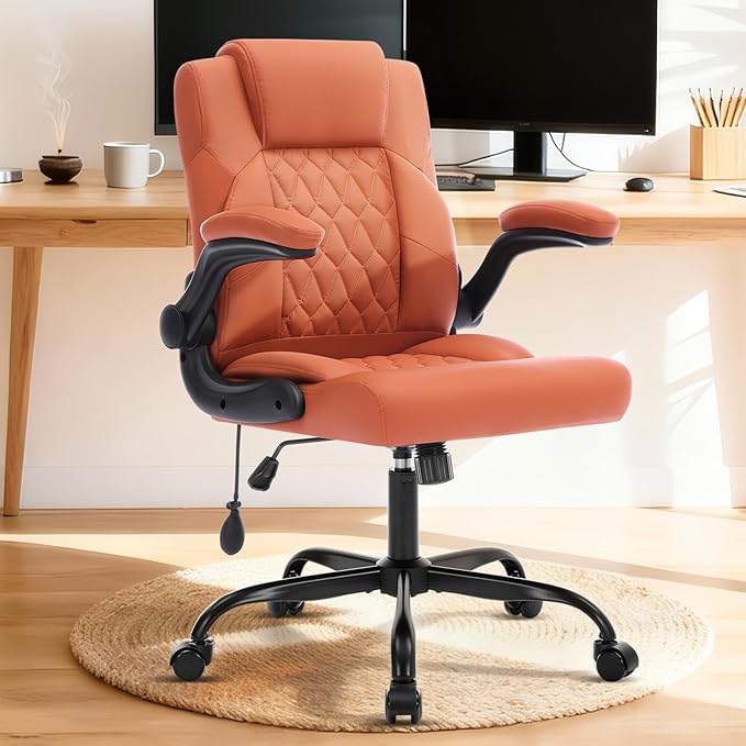 Office Chair with Adjustable Lumbar Support,Leather Ergonomic Computer Desk Chair with Flip-up Arms,Adjustable Tilt Lock,Swivel Rolling Executive PC Chair for Work, Study,Meeting,Small Space.Brown