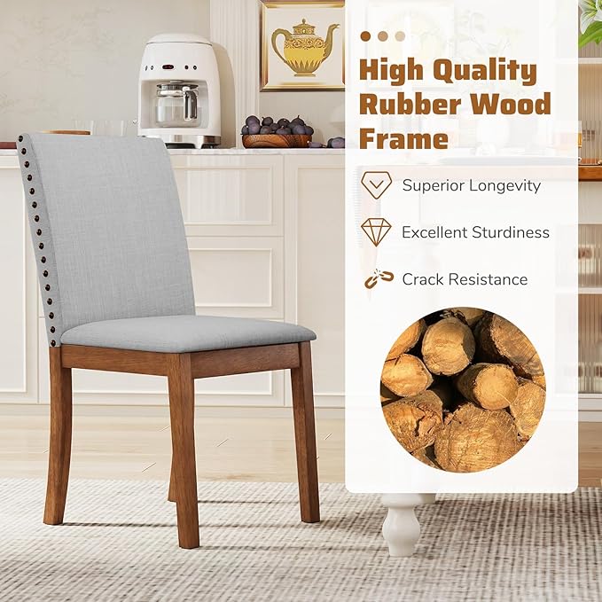 Giantex Upholstered Dining Chairs Set of 2, Kitchen Chair w/Nailhead Trim, Rubber Wood Legs, Padded Seat, Mid Century Armless Side Chair, Comfy Accent Parson Chairs for Restaurant, Living Room