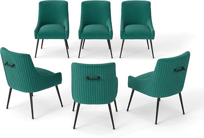 Velvet Dining Chairs Set of 6,Dark Green Upholstered Living Room Chairs with Black Metal Legs, Modern Tufted Accent Chairs for Living Room, Study Room, Kitchen