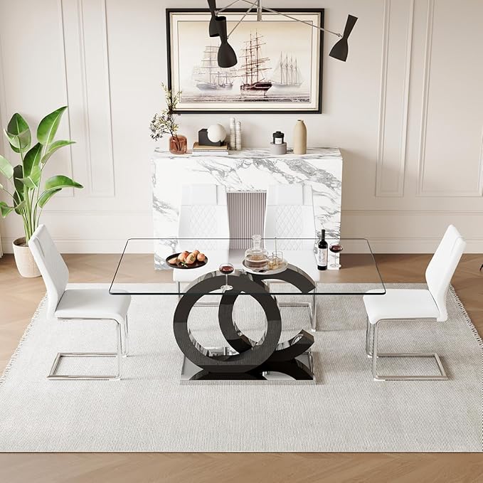 63'' Glass Dining Table Set for 4, Kitchen Table Chairs Set of 4, Clear Glass Dining Table with Black unique design Leg and Silver Metal Base, 4 PU Dining Chairs with Metal Legs, Living Room, Kitchen.