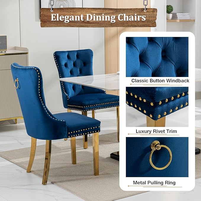 7 Piece Dining Table Set with 6 Blue Dining Chairs, Modern Glass Kitchen Table and Chairs Set for 6, 70" Rectangle Gold Glass Pedestal Dining Room Tables with Ring-Shape Stainless Steel Base