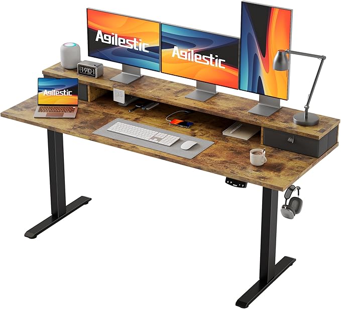 Agilestic 63 x 24 Inches Height Adjustable Electric Standing Desk with 2 Drawers, Stand Up Electric Desk Adjustable Height, Sit Stand Computer Gaming Table with Splice Board, Rustic Brown