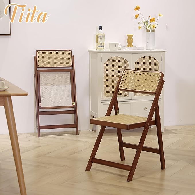 Tiita Rattan Dining Chairs Set of 2, Mid Century Modern Folding Chair, Bamboo Folding Dining Chairs for Small Space, Dining Room, Living Room, Bedroom, Walnut