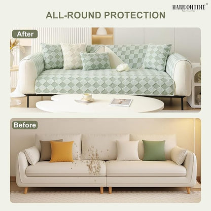 HANDONTIME Non-Slip Pet Couch Cover Washable, Plush Faux Fur Couch Protector for Cushion Pet-Friendly Sofa Covers for Dogs, Checkered Diamond Sectional Covers Dog Mat for Sofa (Green, 35.6" x 35.6")