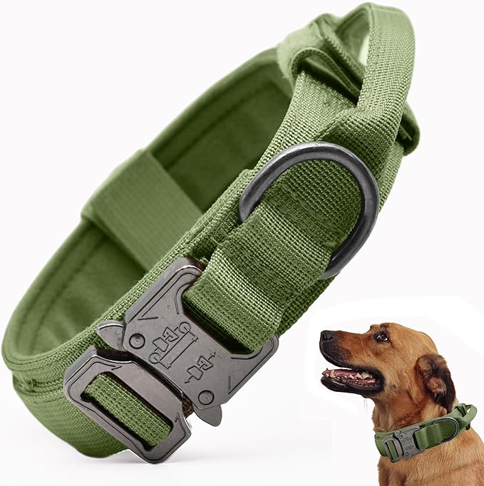 Tactical Dog Collar, Adjustable Military Training Nylon Dog Collar with Control Handle and Heavy Quick-Release Metal Buckle for Small Medium Large Dogs, Green XL