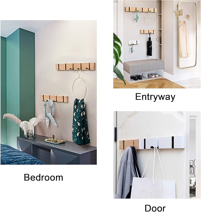 Modern Wood Coat Rack - 2 Pack - Wall Mounted - 4 Folding Hooks – Modern, Sleek Space-Saving - for Small Space