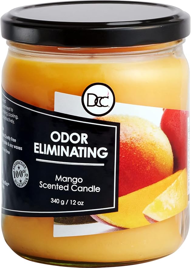 Mango Odor Eliminating Highly Fragranced Candle - Eliminates 95% of Pet, Smoke, Food, and Other Smells Quickly - Up to 80 Hour Burn time - 12 Ounce Premium Soy Blend