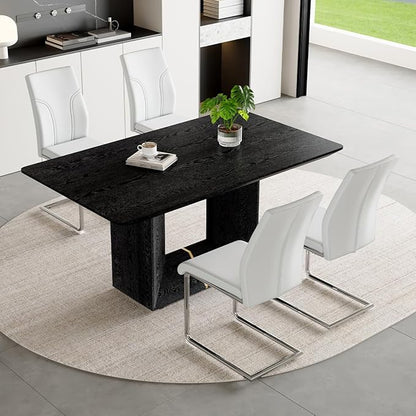 63" Modern Black Dining Table Set for 4 with Chairs, 5 Piece Rectangular Dining Room Table and 4 PU Leather Chairs, Kitchen Dining Set with Matte Wood Finish, Geometric Base, Easy Assembly