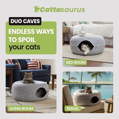 CATTASAURUS Peekaboo Cat Cave for Multiple & Large Cats Up to 30-45 Lbs, Scratch Detachable & Washable Tunnel Bed, Comfy Donut Cat Cave (Light Gray + Light Gray, Large)