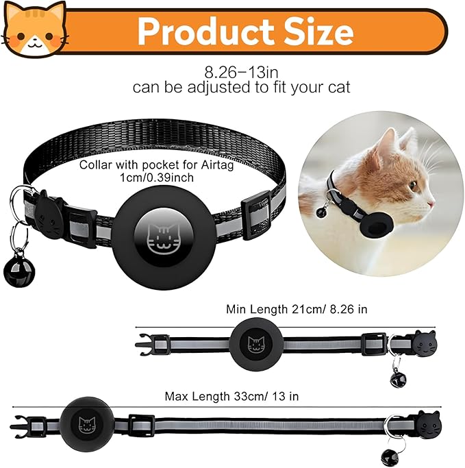 Airtag Cat Collar with Bell, Reflective Nylon Kitten Collar with Apple Air Tag Holder and Breakaway Safety Buckle for Puppy Girl Boy Cats, 3/8" in Width and Lightweight, Yellow