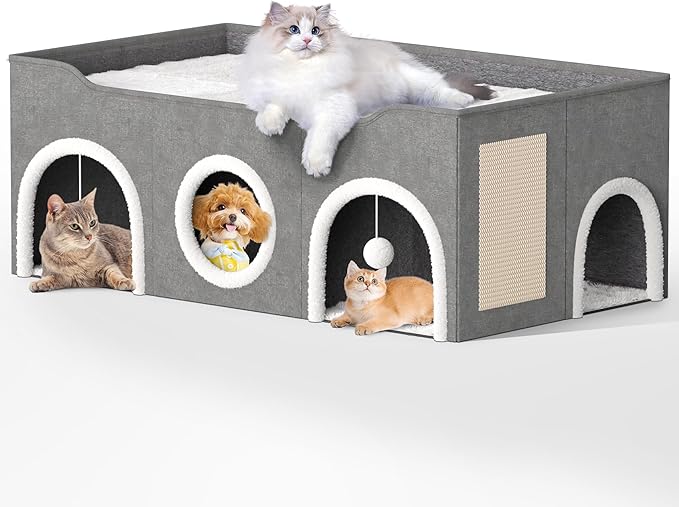 Top Bed Three Rooms Cat Condos,All-in-1 Extra-Wide Cat House for Indoor，Multi Cats Puppy Family, Large Cat Cave for Pet House with Fluffy Ball Hanging and Scratch Pad, Foldable Hideaway