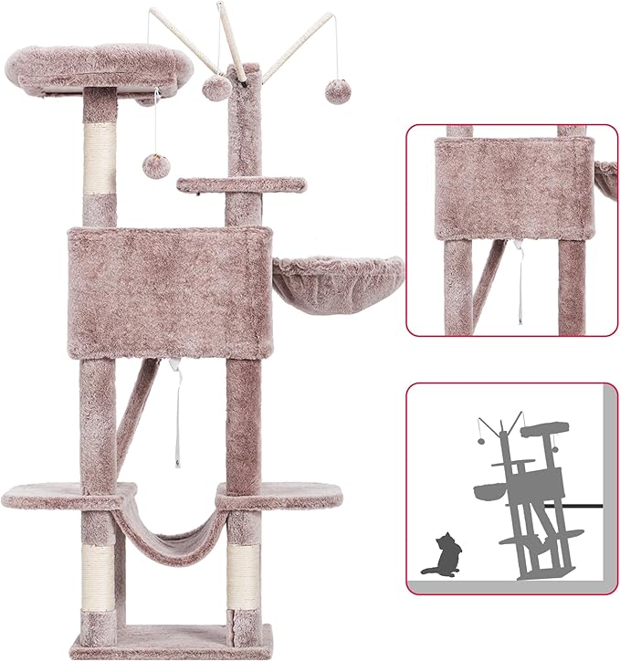 Hey-brother Cat Tree, 53 inch Cat Tower for Indoor Cats, Cat House with Padded Platform Bed, Toy Balls, Large Cozy Condo, Hammocks and Sisal Scratching Posts, Muchroom MPJ019-SMU