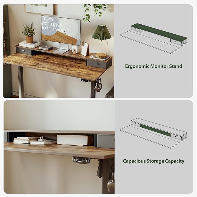 Agilestic 53 x 24 Inches Height Adjustable Electric Standing Desk with 2 Drawers, Stand Up Electric Desk Adjustable Height, Sit Stand Computer Gaming Table with Splice Board, Rustic Brown