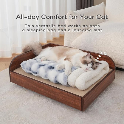 Cat Sleeping Bed for Indoor Cats Self Warming Cat Bag Fits up to 15 lbs Pets Soft Plush Warm Bed 360° Wrap Bag Washable Comfortable Pet Sleeping Bed 21" × 17" Blue White