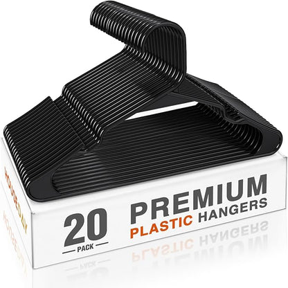 HOUSE DAY Plastic Hangers 20 Pack - Black Clothes Hangers with Non-Slip Shoulder Grooves, Durable and Sturdy T-Shirt, Dress, Coat Hanger, Space Saving Design Perfect for Closet Organizers and Storage