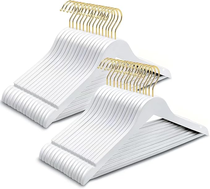 Amber Home 20 Pack Solid Wood Suit Coat Hangers, Smooth White Finish Wooden Dress Hangers with Non Slip Pant Bar, Clothes Hangers with Gold Hook & Notches for Jacket, Pant, Shirt (White+Gold, 20)