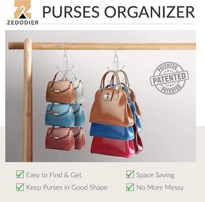 ZEDODIER Purse Organizer for Closet, 3 Pack Rotatable Sturdy Purse Hanger Bag Rack with 18 Hooks, Space Saving Handbag Backpack Holder, Closet Organizers and Storage, Silver