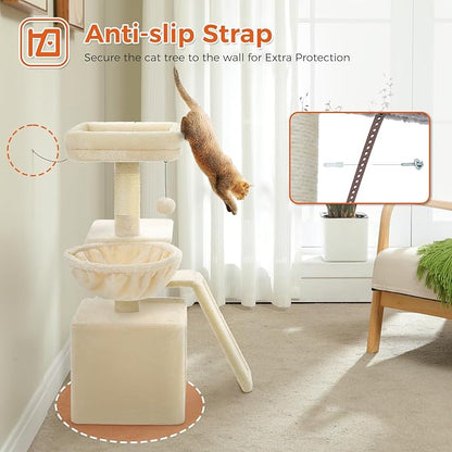 PETEPELA Small Cat Tree for Indoor Cats, 32'' Cute Cat Tower Cat Condo with Sisal Scratching Ramp, Cozy Hammock and Removable Top Bed Perch for Kittens, Beige